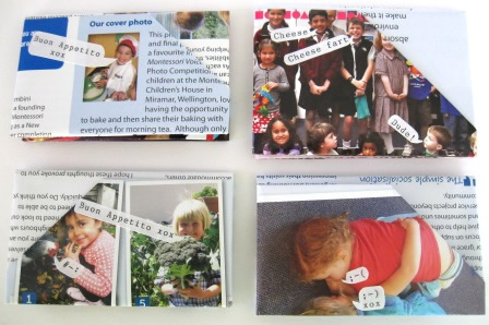 Name place settings made from the publication, Montessori Voices with text embellished on them for a bit of fun